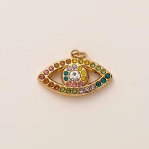 Minimalist gold evil eye pendant with rainbow rhinestones and crystal pupil center