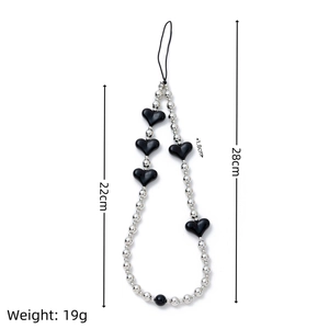Beaded phone lanyard with silver pearls and black heart charm, 28cm length 19g weight