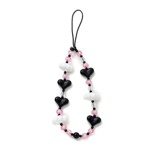 Schicke Handy-Perlenkette mit Herz und Wolke in Schwarz, Weiß und Rosa Perlen