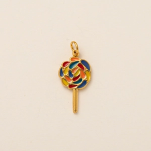 Macro detail of colorful lollipop pendant in 18K gold plated stainless steel