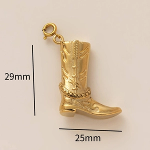 Golden cowboy boot pendant detail showing embossed patterns and dimensions of 29mm by 25mm