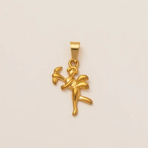 Detailed view of an 18K gold-plated Cupid angel pendant with bow and wing textures