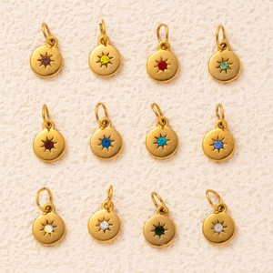 Stainless Steel 18K Gold Plated 12 Month Birthstone Starburst Round Pendant Rhinestone DIY Charm Accessory Necklace For Women