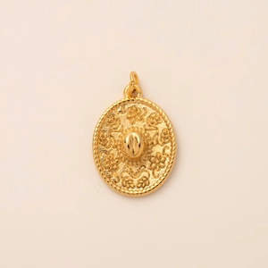Close-up of gold-plated oval pendant featuring floral relief and rope texture edges