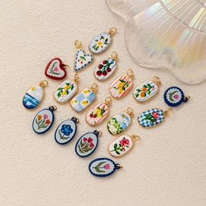 Fashion Copper Gold Plated DIY Jewelry Charms Pendants With Ceramic-Look PVC Floral Mushroom Fruit Pattern For Women Retro Necklace Accessories