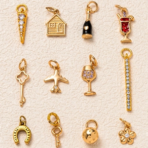 French Style 18K Gold Plated Copper Zircon Pendant Necklace For Women Men Horseshoe Plane Key Wine Glass Fashion Jewelry