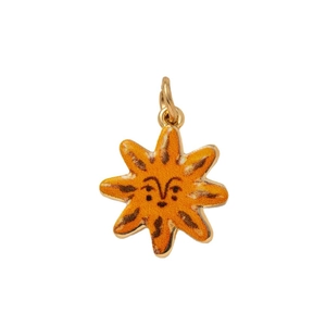 Vibrant orange enamel sun pendant with anthropomorphic face in polished stainless steel
