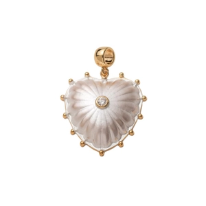 Elegante gouden hart hanger met witte parelmoer textuur en centrale zirkoonsteen