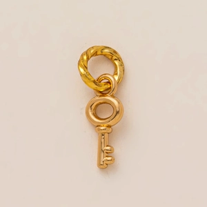 Macro detail of a 18K gold-plated twisted ring and key-shaped pendant accessory