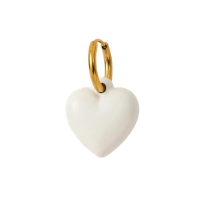 Titanium steel gold hoop earring with a smooth white heart-shaped pendant on white background