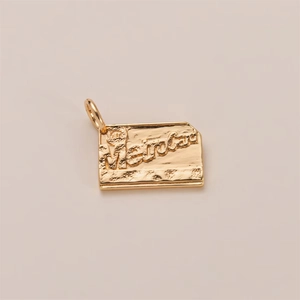 Macro shot of gold-plated MetroCard pendant showing detailed embossed text and texture