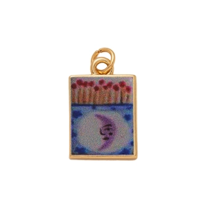 Artistic rectangular moon and flower enamel pendant with gold border on white background