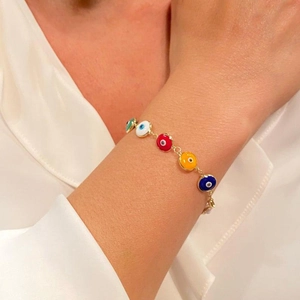 Chic gold-plated link bracelet featuring colorful enamel evil eye charms for women