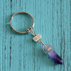 Fashionable crystal hexagonal pillar keychain with BEST FRIENDS engraving in purple