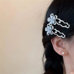 Barrettes fleurs élégantes en pierre œil de chat avec strass brillants et alliage argenté