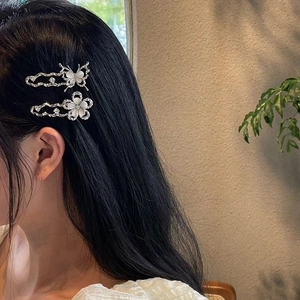 Lot de deux pinces à cheveux fleurs et papillons en pierre œil de chat pour femmes en argent