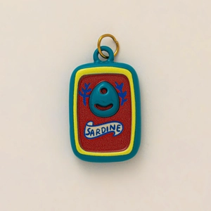 Blue sardine tin pendant in 18K gold plated finish with creative resin design
