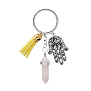 Detail of Hamsa Hand charm with yellow tassel and pink crystal on a silver keychain