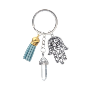 Hamsa Hand keychain with blue tassel, crystal hexagonal pillar and Evil Eye charm