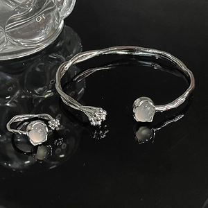 French Style Moonstone Flower Bud Open Bracelet And Cat Head Adjustable Ring For Women Silver Plated Zirconia Jewelry Set