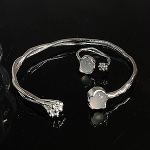 Moonstone open cuff bracelet and ring set with vintage floral bud texture details