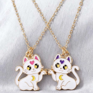 Cartoon magnetic cat necklaces with gold chains and colorful moon accents for kids