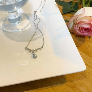 Detailed view of teardrop moonlight stone pendant on silver chain near pink roses