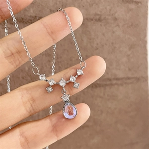 Elegant Zinc Alloy Rhinestone Waterdrop Pendant Necklace Moonstone Effect Delicate Thin Chain Jewelry For Women