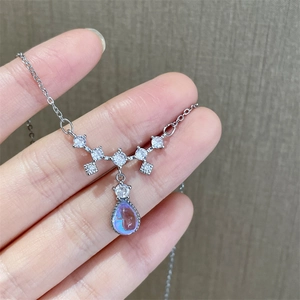 Elegant silver teardrop moonstone necklace with V-shaped sparkling zircon stones for women