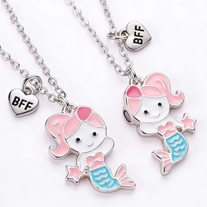 Cartoon mermaid magnetic friendship necklaces with BFF heart charms for girls