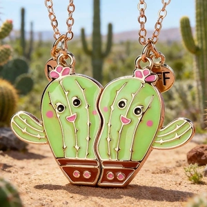 Cartoon cactus BFF magnetic necklaces for girls with gold chains and enamel heart pendants