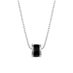 Collier argenté minimaliste avec pendentif cylindrique noir au design géométrique moderne