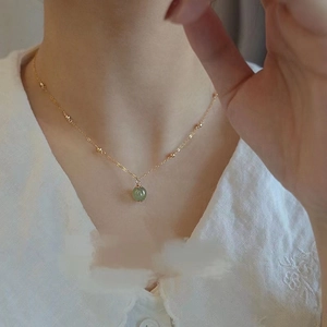 Vintage Gold Plated Zinc Alloy Necklace Round Green Nephrite Jade Bead Pendant Women Minimalist Clavicle Chain Gift