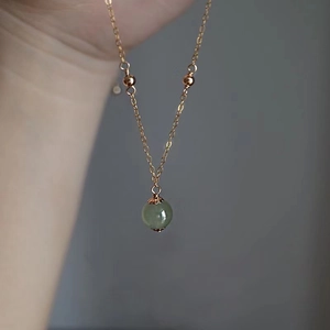 Minimalist gold chain necklace with round Hetian jade bead pendant for women