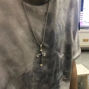 Punk style titanium steel cross pendant necklace for men with black enamel inlay