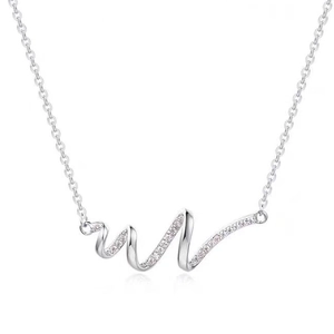 Silver zodiac snake spiral wave necklace with sparkling stones on a white background