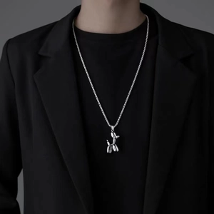Polished silver balloon dog pendant necklace in minimalist titanium steel for men and women