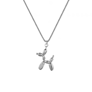 Polished silver balloon dog pendant necklace in titanium steel with thin link chain