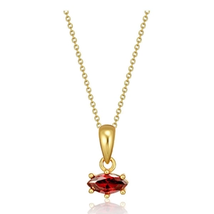 Close-up of gold marquise birthstone necklace with red gem in classic 4-prong setting
