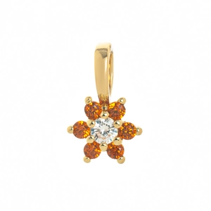 Detail of flower-shaped pendant with orange zircon petals in golden claw setting
