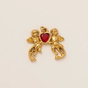 Vintage 18K gold plated necklace with angel wings holding a red heart pendant
