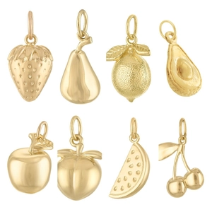 Macro view of 18K gold plated stainless steel fruit pendants with textured details