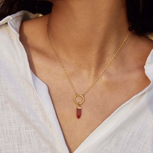18K gold plated necklace with red hexagonal gemstone pendant on a gold link chain