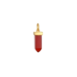 Macro detail of hexagonal red quartz pendant with matte gold metal cap and top ring