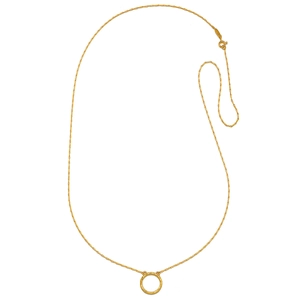 Detail shot of a minimalist 18K gold plated necklace with a hollow circular pendant