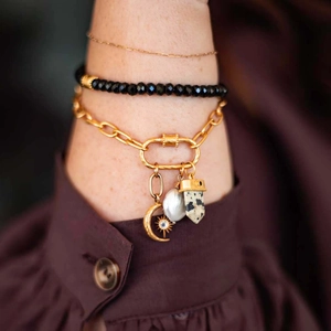 18K gold plated chunky chain bracelet with moon, pearl and stone charms for women