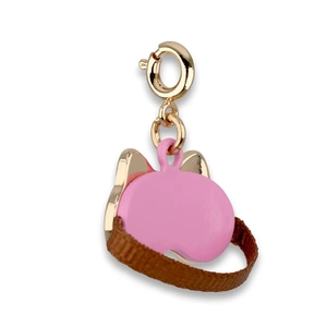 Pink enamel cat ear charm with golden hook and brown woven ribbon detail for handbags