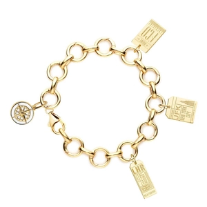 Gold charm bracelet with 18K plating, featuring travel-themed compass and airport tags