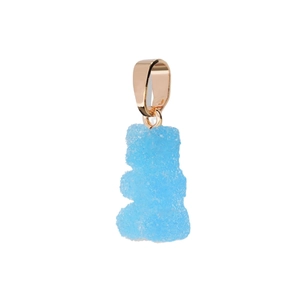 Blue gummy bear pendant with sugar texture finish and gold metal hook on white backdrop
