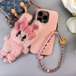 Pink plush bunny charm with beaded heart strap and duckling bead for smartphone